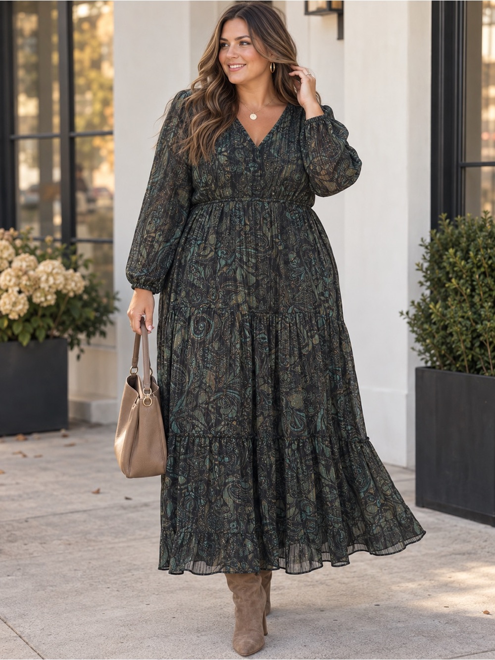 Lane Bryant Dark Green Paisley V-Neck Tiered Maxi Dress NWT